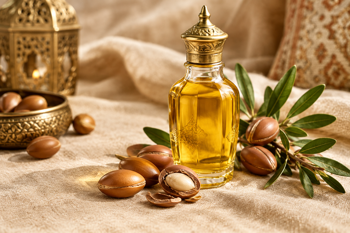 Flacon d'huile d'argan dorée avec des noix d'argan sur un fond beige