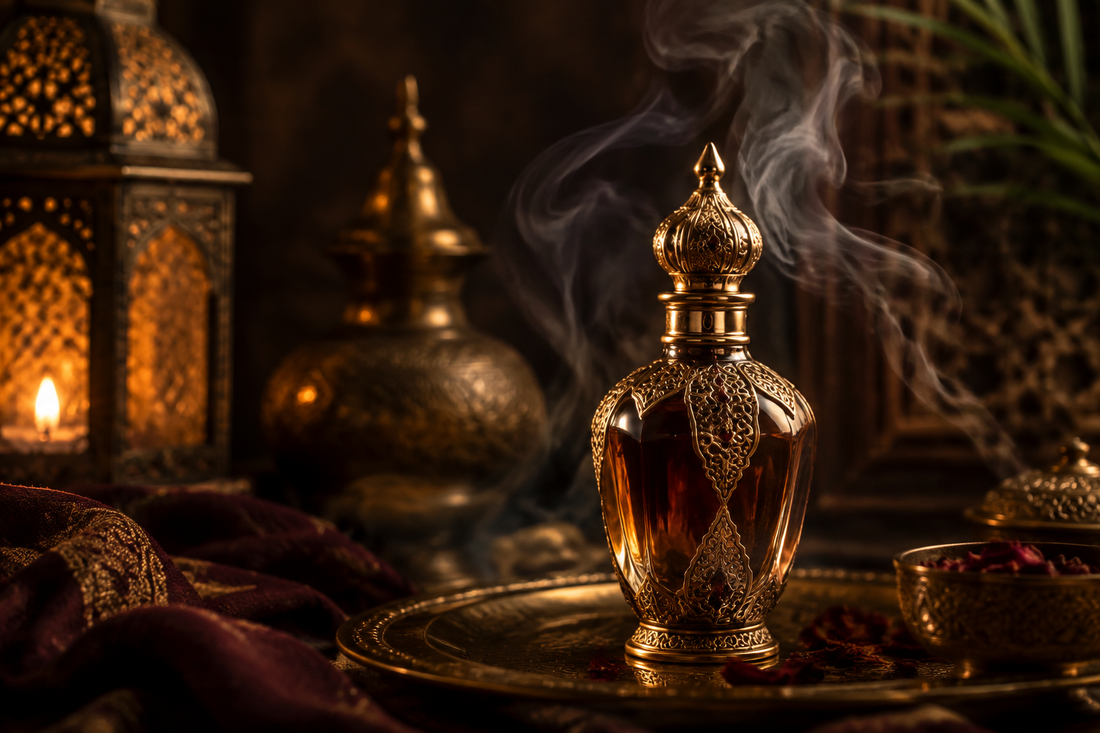 Flacon de parfum oriental doré avec de la fumée parfumée sur un fond sombre