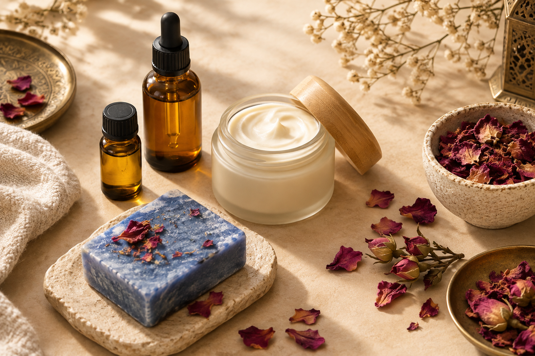 Composition de soins naturels orientaux avec huiles, crème, savon bleu Nila et pétales de rose